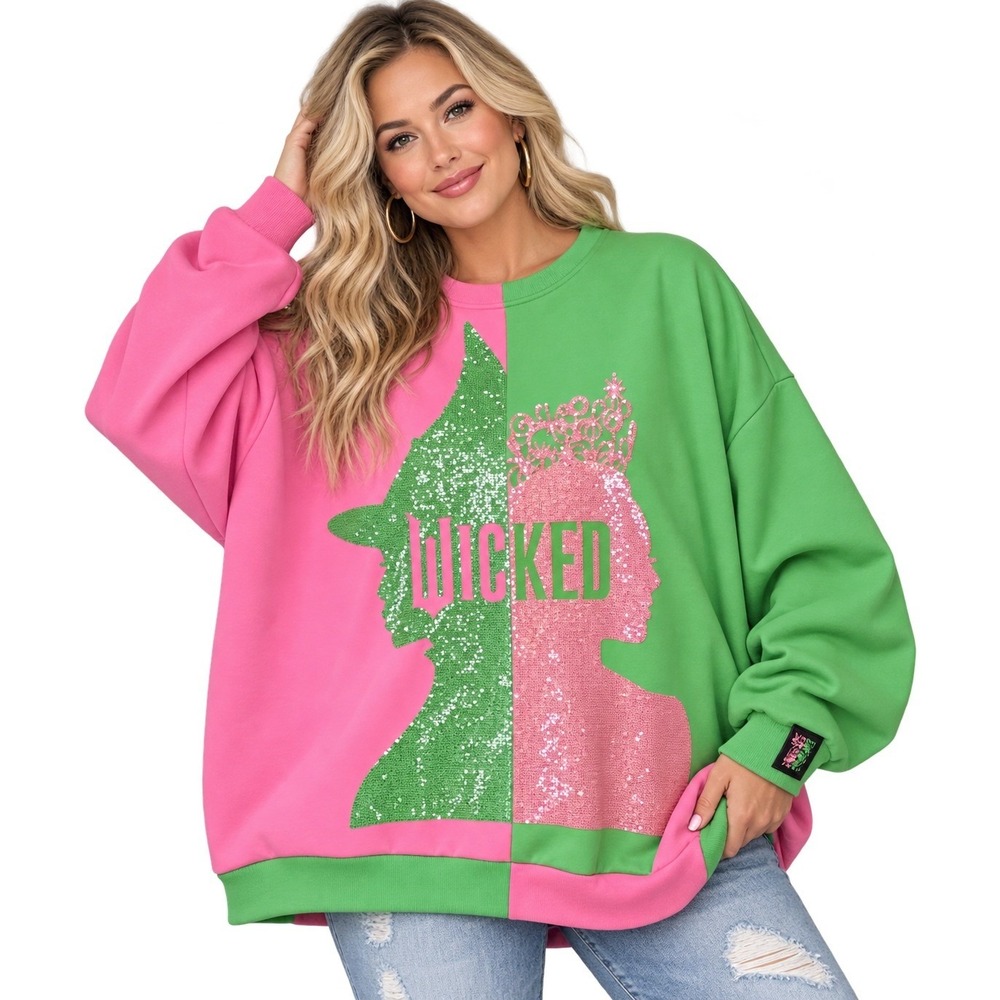 New Wicked Movie Musical Witches Oversized Sequin Sweatshirt Pink Green XL
